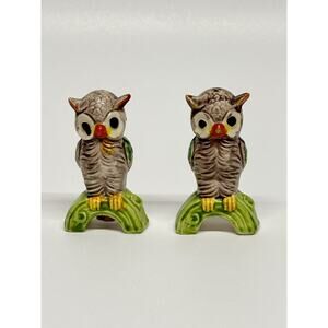 Vtg Japan Salt & Pepper Shakers Brown Owls Textured Ceramic Colorful 3" Tall